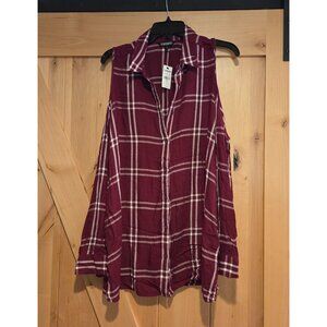 Express Burgundy Plaid Shoulder Cutout Blouse